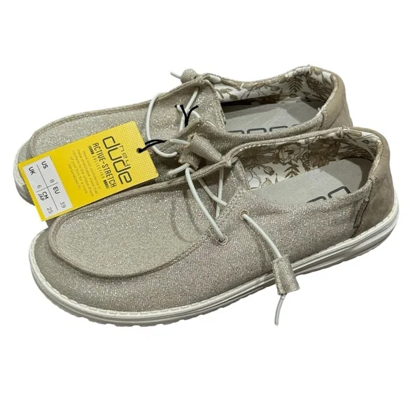 Hey Dude Women 8 Wendy Sparkling Beige Slip On Loafers Stretch Metallic - Picture 1 of 9